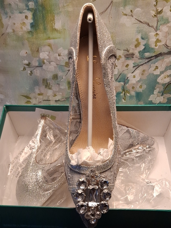 Lauren Lorraine Shoes - Lauren Lorraine Silver Glitter Lace Pointed-Toe Heels with Crystal Cluster